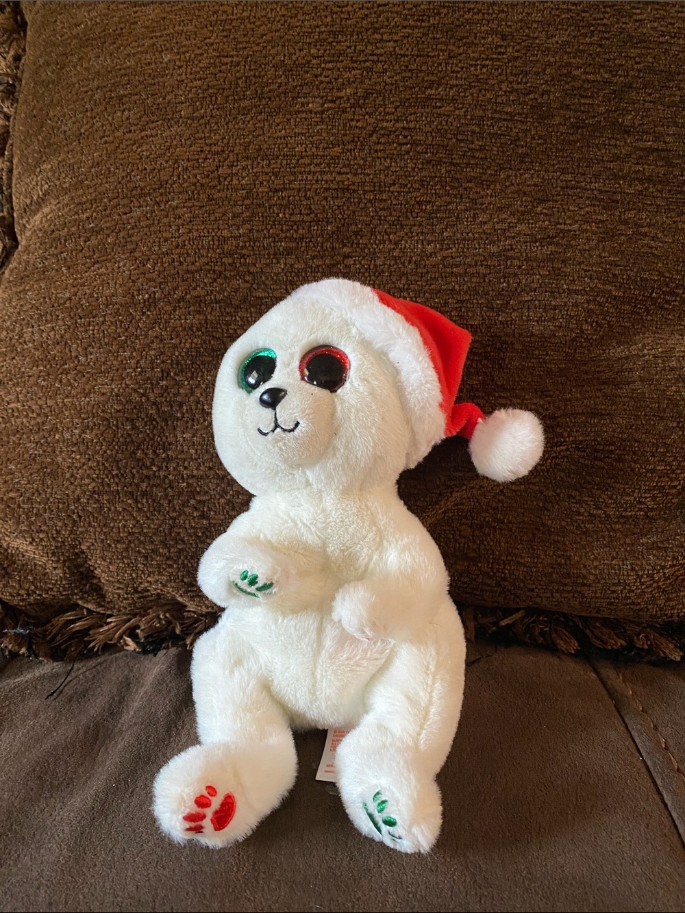 Ty White Plush Bear with Red Santa Hat and Green/Red Eye Accents